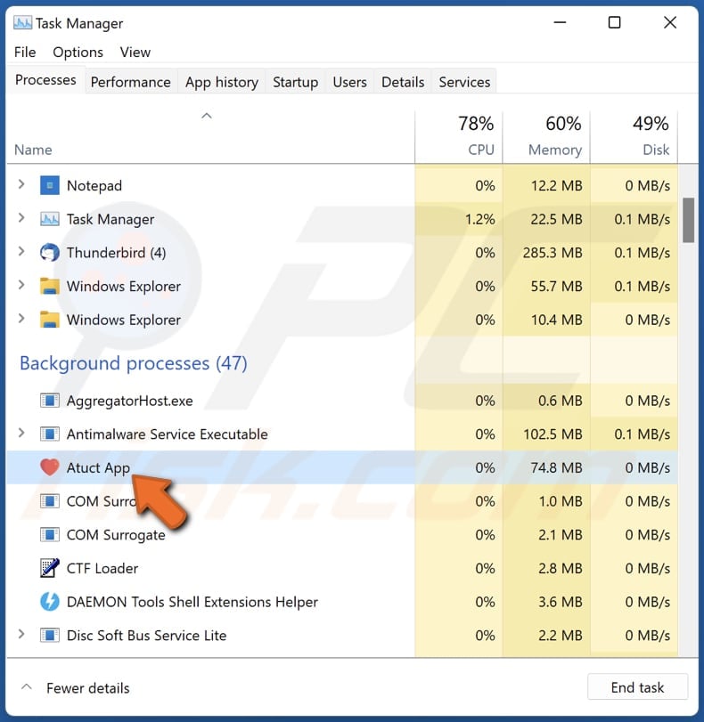 Der Altruistics (Atuct App) Schürfer läuft im Task Manager als Atuct App