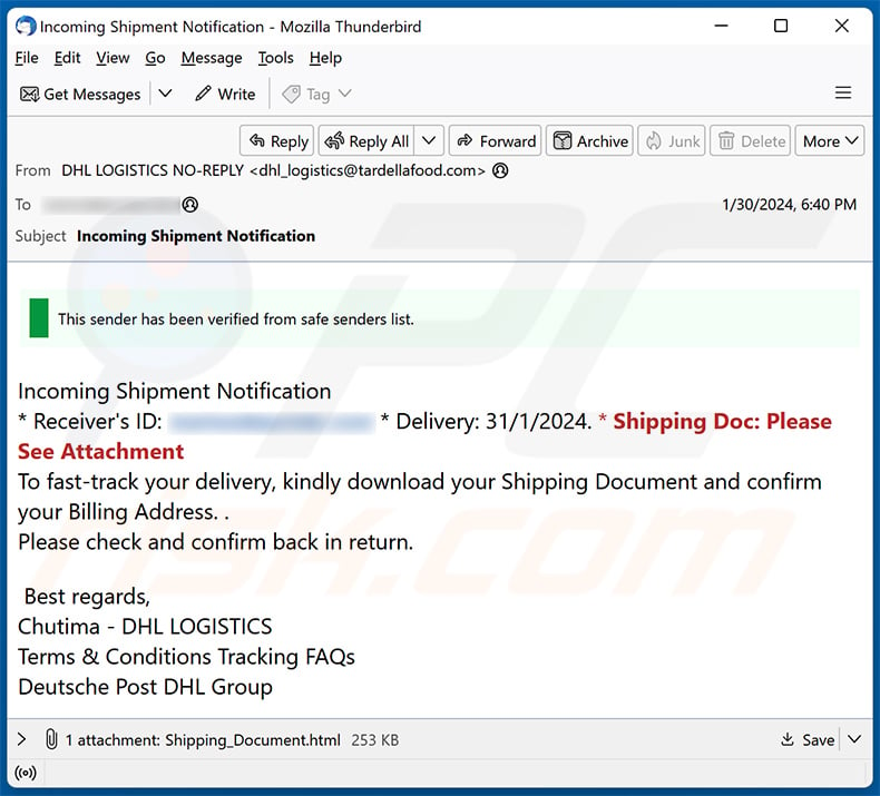 DHL - Incoming Shipment Notification email Betrug (2024-02-01)