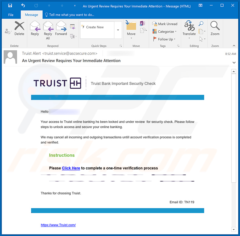 Truist Online Banking Profile E-Mail-Betrug (2024-01-12)