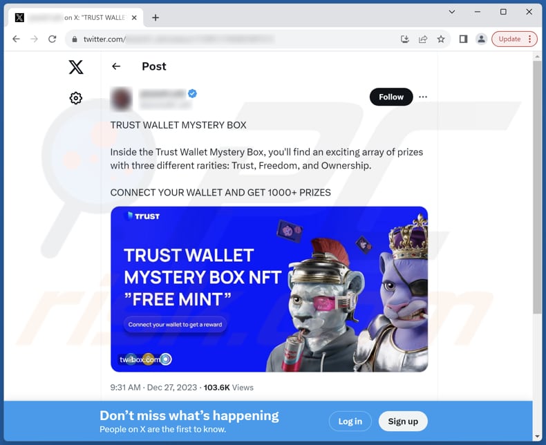 Trust Wallet Mystery Box Betrug Twitter (X) Beitrag zur Förderung dieses Betrugs