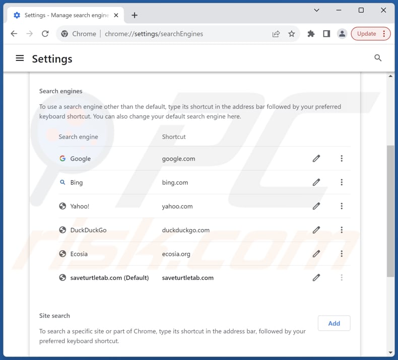 Entfernen von saveturtletab.com aus der Standardsuchmaschine von Google Chrome