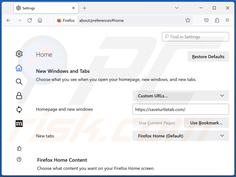 saveturtletab.com von der Startseite von Mozilla Firefox entfernen