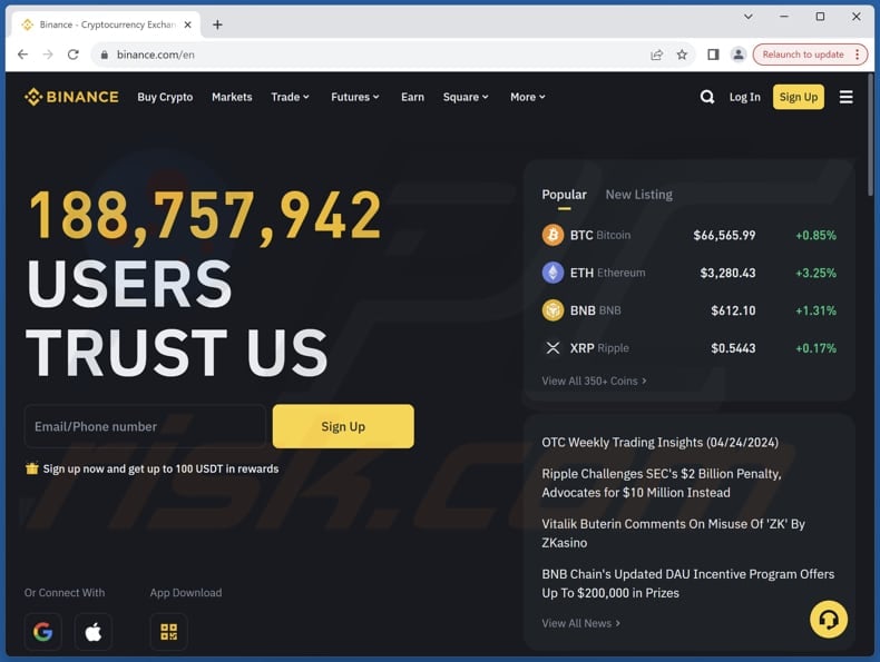 Binance's Token Launch echte Website (binance.com)