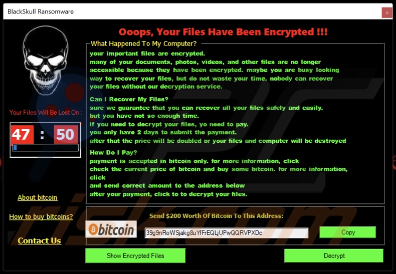 BlackSkull ransomware Lösegeldforderung (pop-up)