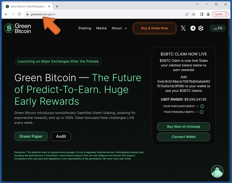 Erscheinungsbild der echten Green Bitcoin-Plattform (greenbitcoin.xyz)