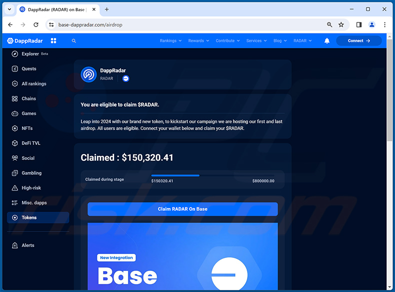 DappRadar Airdrops Betrug Drainer Website (base-dappradar[.]com)