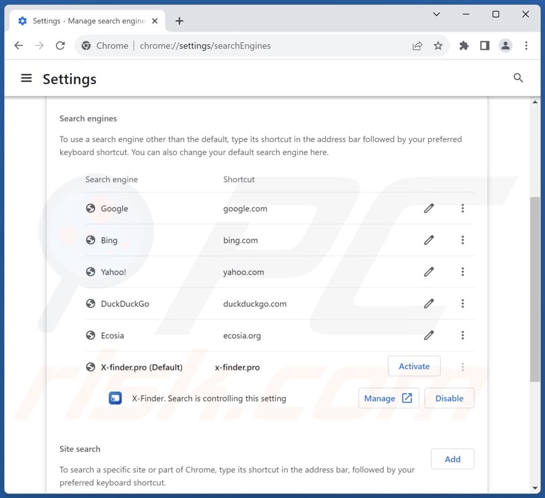 Entfernen von x-finder.pro aus der Standardsuchmaschine von Google Chrome