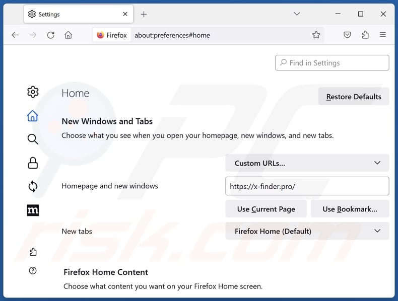 Entfernen von x-finder.pro von der Startseite von Mozilla Firefox