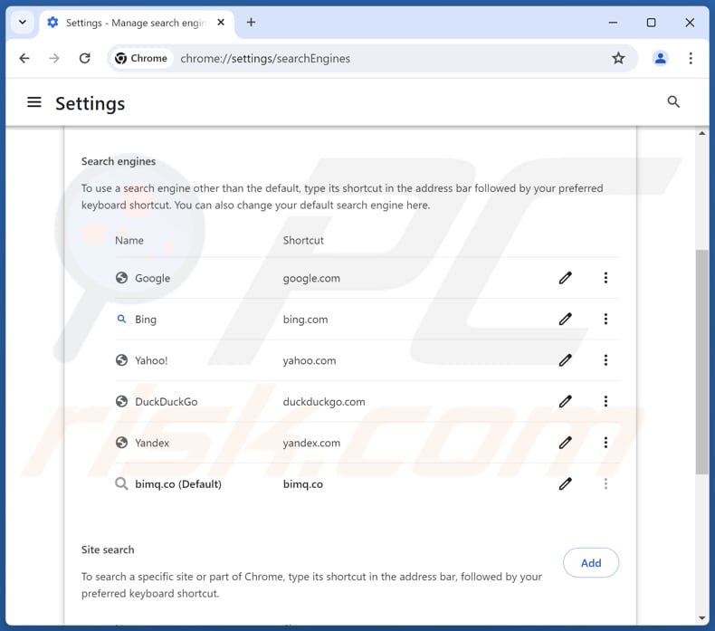 Entfernen von bimq.co aus der Standardsuchmaschine von Google Chrome