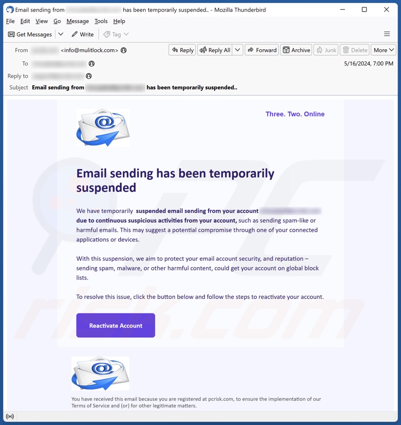 Email Sending Has Been Temporarily Suspended E-Mail Spam Kampagne