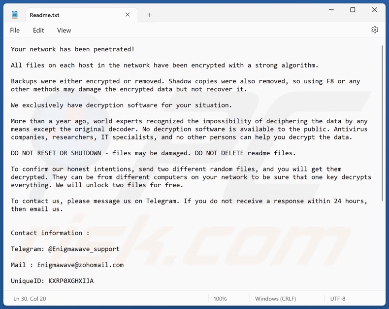 EnigmaWave Ransomware Erpresserbrief (Readme.txt)