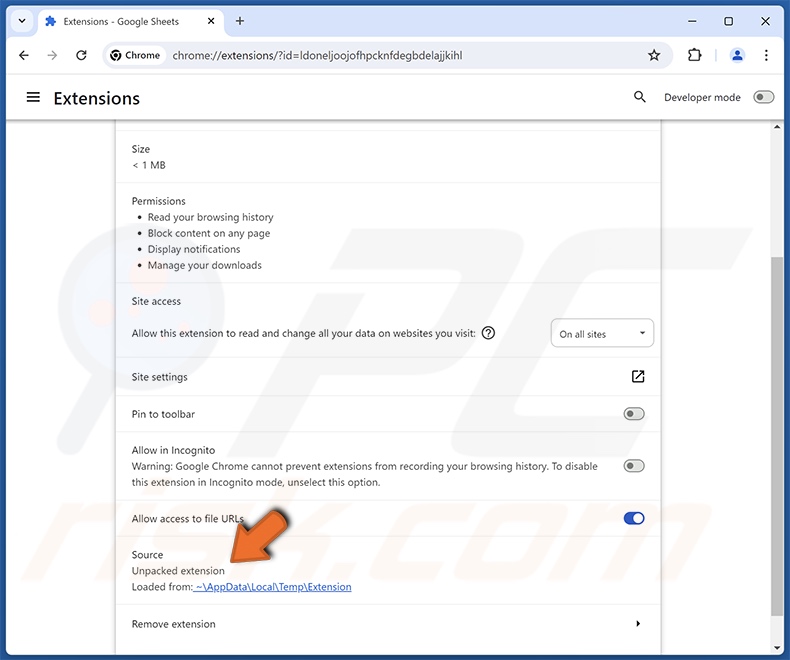 Details zur gefälschten Google Sheets-Browsererweiterung (Chrome)