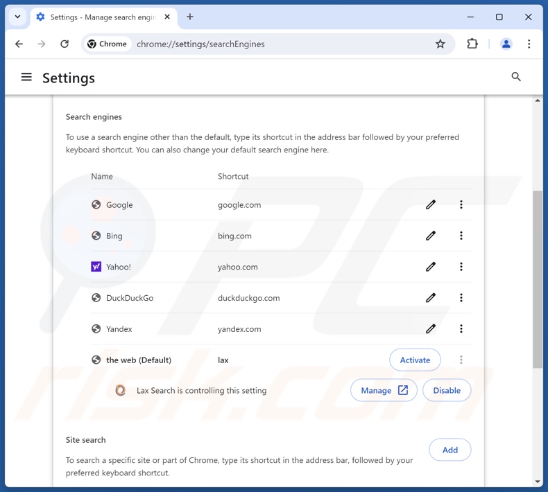 Entfernen von laxsearch.com aus der Standardsuchmaschine von Google Chrome