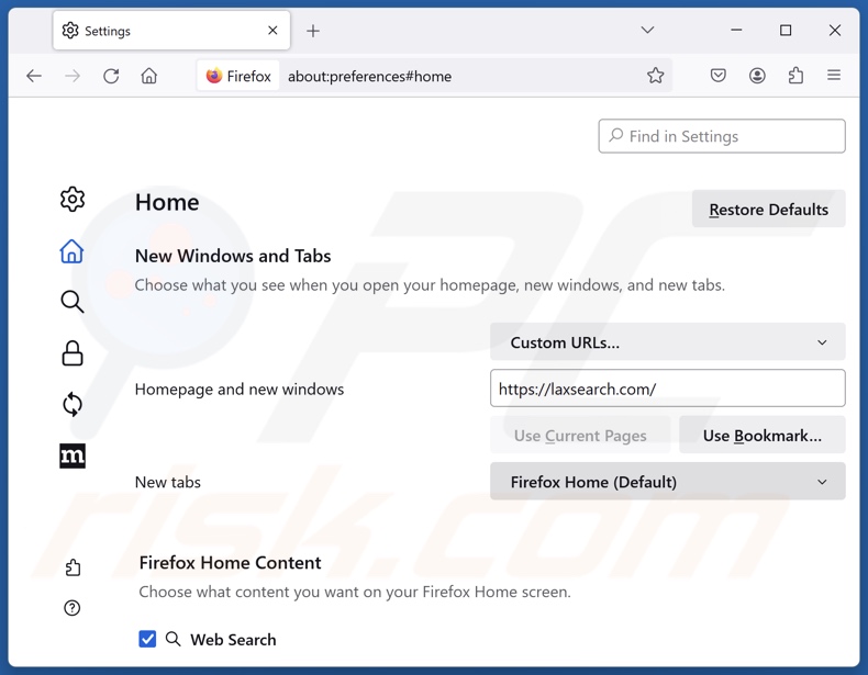 Entfernen von laxsearch.com von der Startseite von Mozilla Firefox