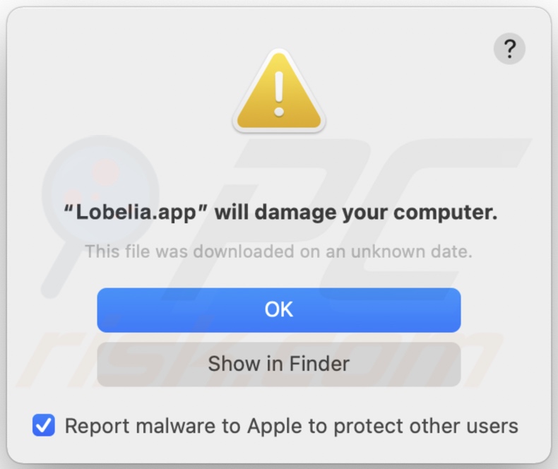 Pop-up-Fenster, das angezeigt wird, wenn Lobelia Adware auf dem System entdeckt wird