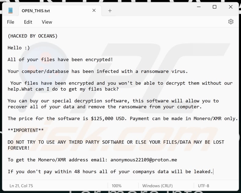 OCEANS ransomware Textdatei (OPEN_THIS.txt)