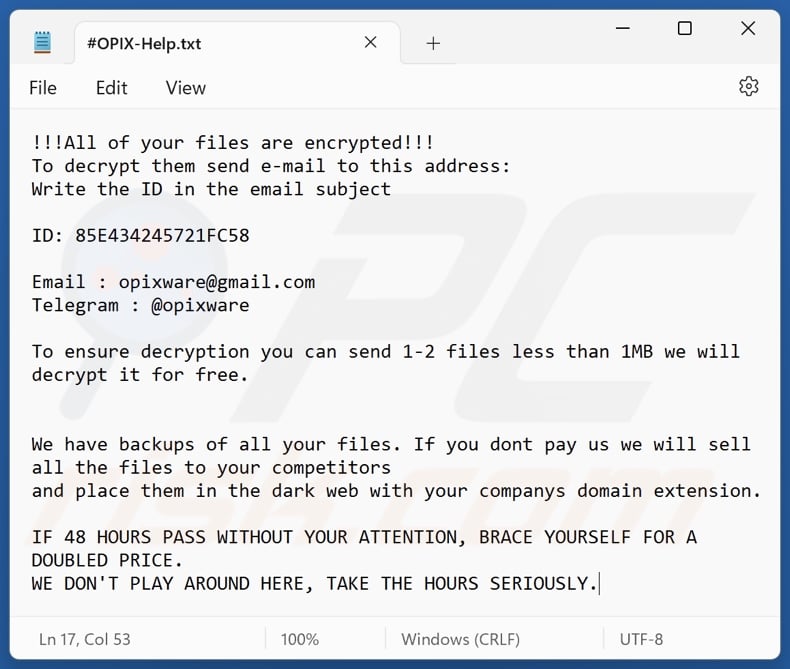 OPIX ransomware Lösegeldforderung (#OPIX-Help.txt)