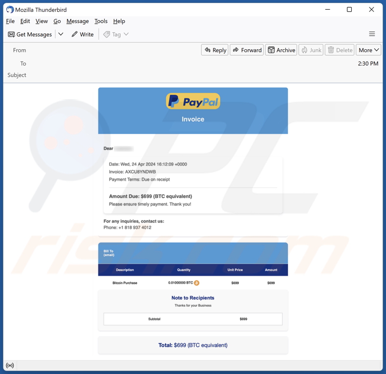 PayPal Crypto Purchase Invoice E-Mail Spam-Kampagne