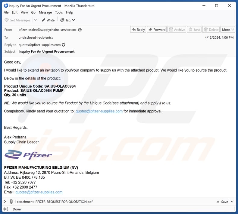 Pfizer Supply E-Mail-Spam Kampagne