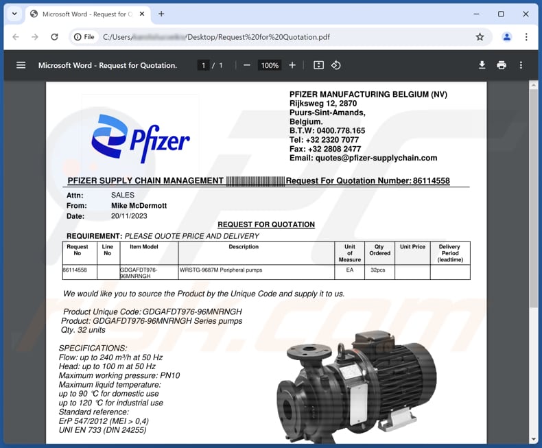 Pfizer Supply E-Mail-Betrug Phishing-PDF fünfte Variante