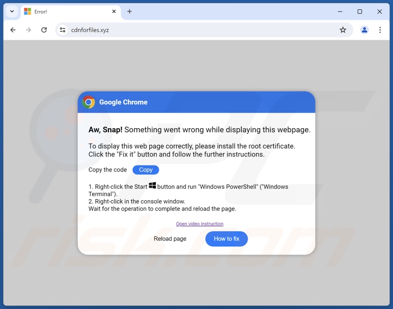 Zweites Popup-Fenster, das von der Betrugsmasche Please Install The Root Certificate angezeigt wird (GIF)