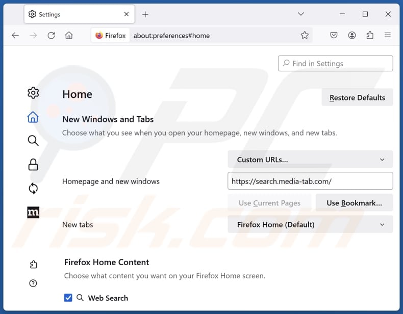 search.media-tab.com von der Startseite von Mozilla Firefox entfernen