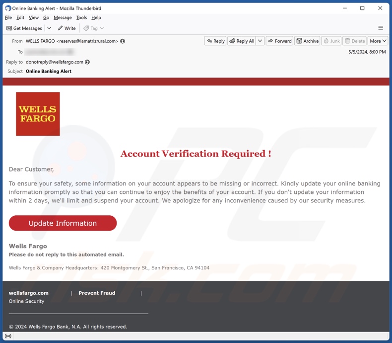 Wells Fargo - Account Verification Required E-Mail-Spam-Kampagne