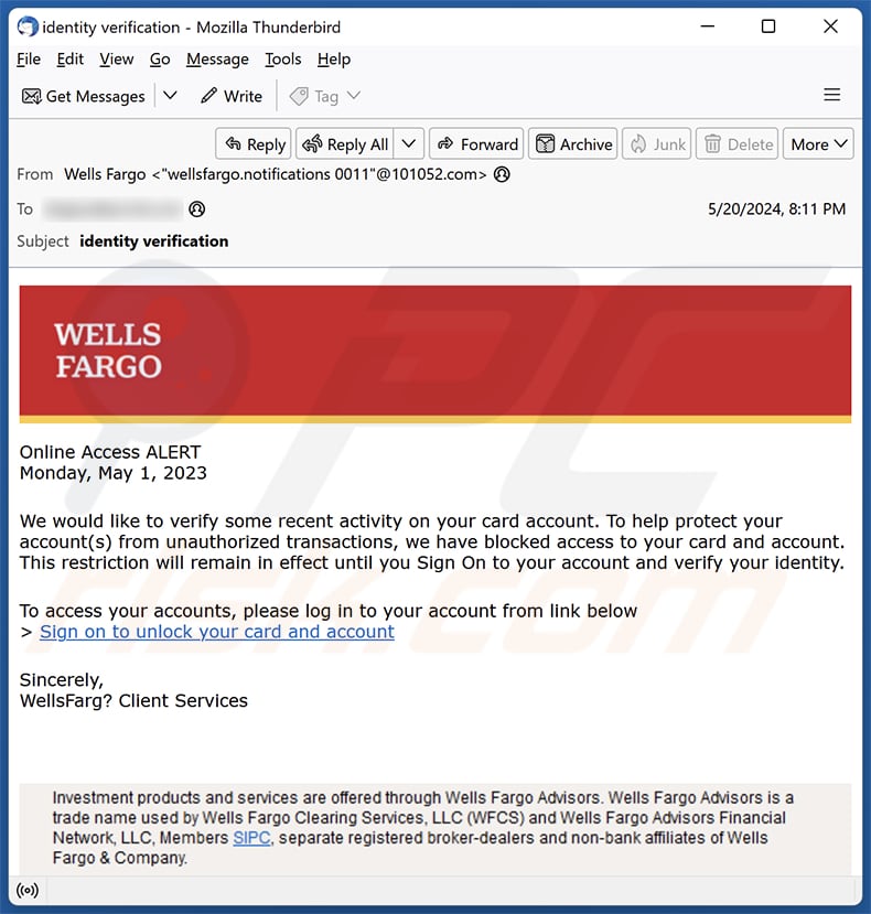 Wells Fargo - Card Activity Verification E-Mail-Spam-Kampagne