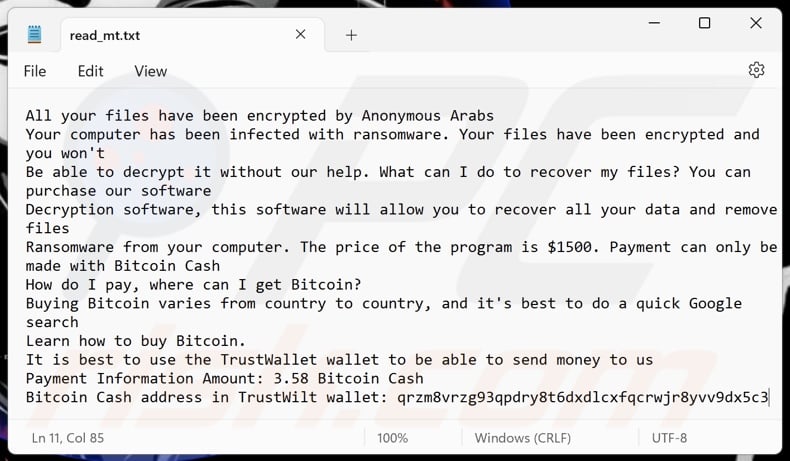 Erpresserbrief der Ransomware Anonymous Arabs (read_mt.txt)