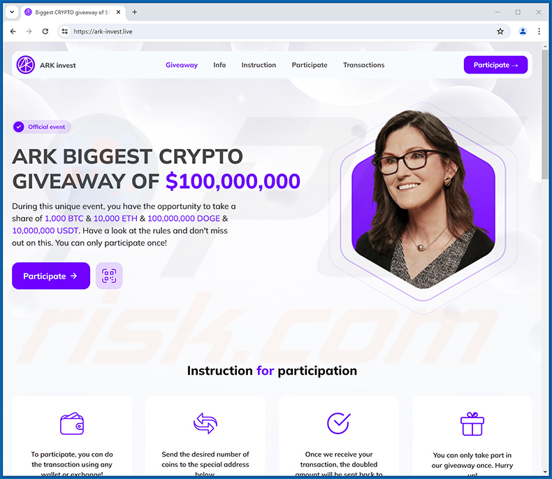 ARK Invest Crypto Giveaway Betrug - ark-invest[.]live