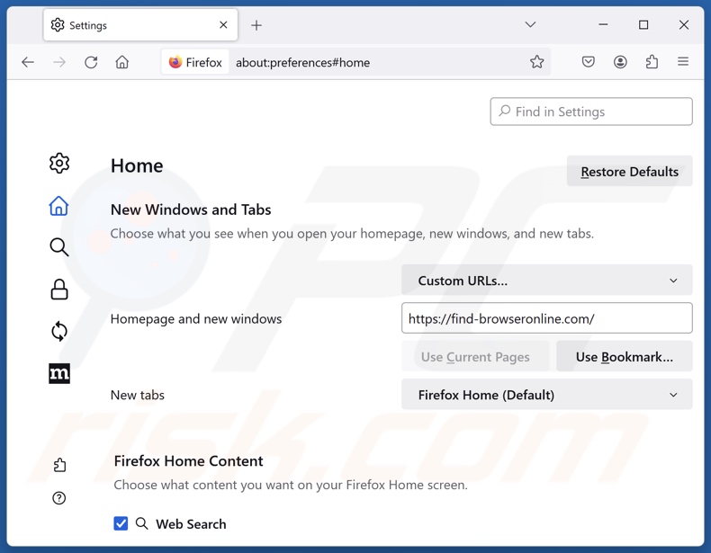 Removing find-browseronline.com from Mozilla Firefox homepage