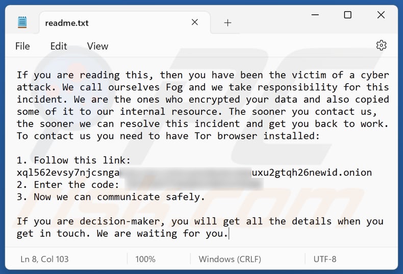 Fog ransomware Textdatei (readme.txt)