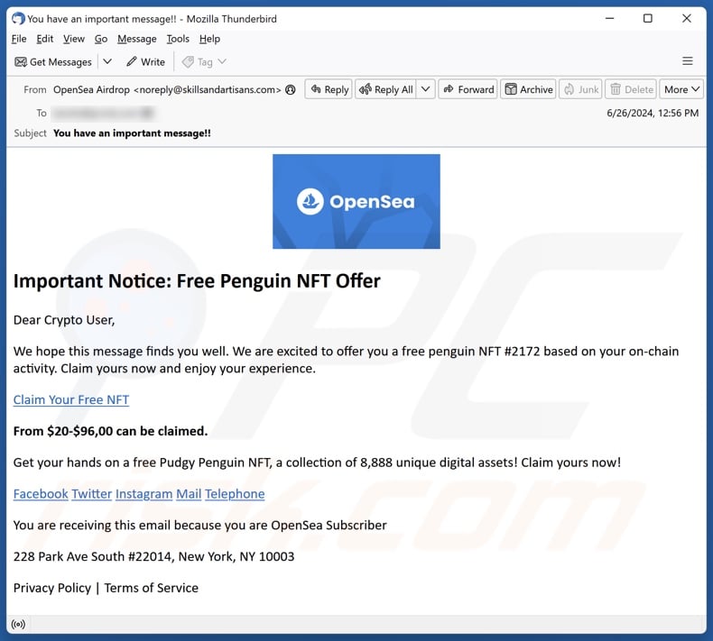 Auftauchen der Spam-E-Mail, die den Free Penguin NFT-Betrug unterstützt