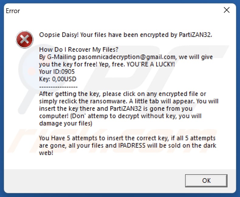 PartiZAN32 ransomware Fehlerfenster