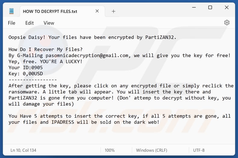 PartiZAN32 ransomware Textdatei (HOW TO DECRYPT FILES.txt)