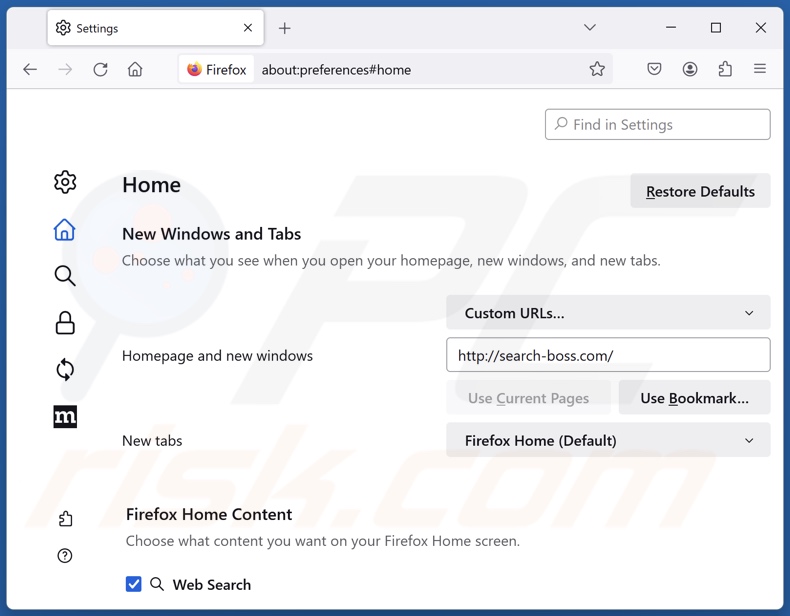 search-boss.com von der Startseite von Mozilla Firefox entfernen