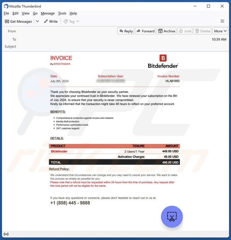 Bitdefender Subscription Renewal E-Mail-Spam Kampagne