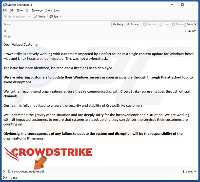 CrowdStrike-Betrugs-E-Mail, die ein PDF verbreitet, das einen Datenwischer anzeigt