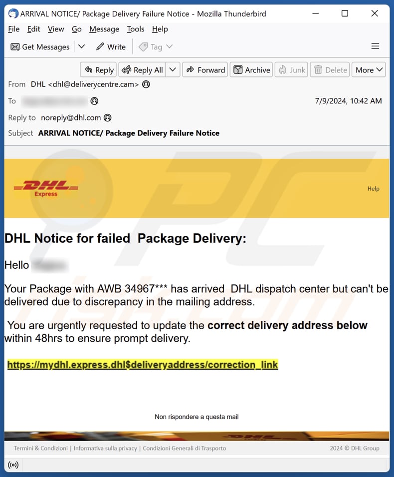 DHL - Notice For Failed Package Delivery E-Mail-Spam-Kampagne