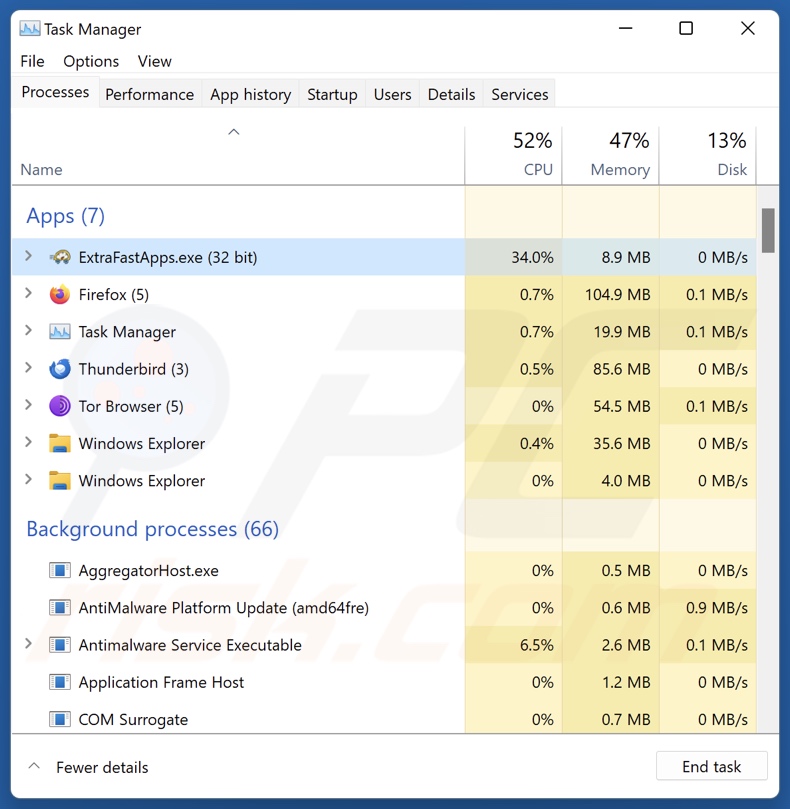 ExtraFastApps PUA-Prozess im Task-Manager (ExtraFastApps.exe - Prozessname)