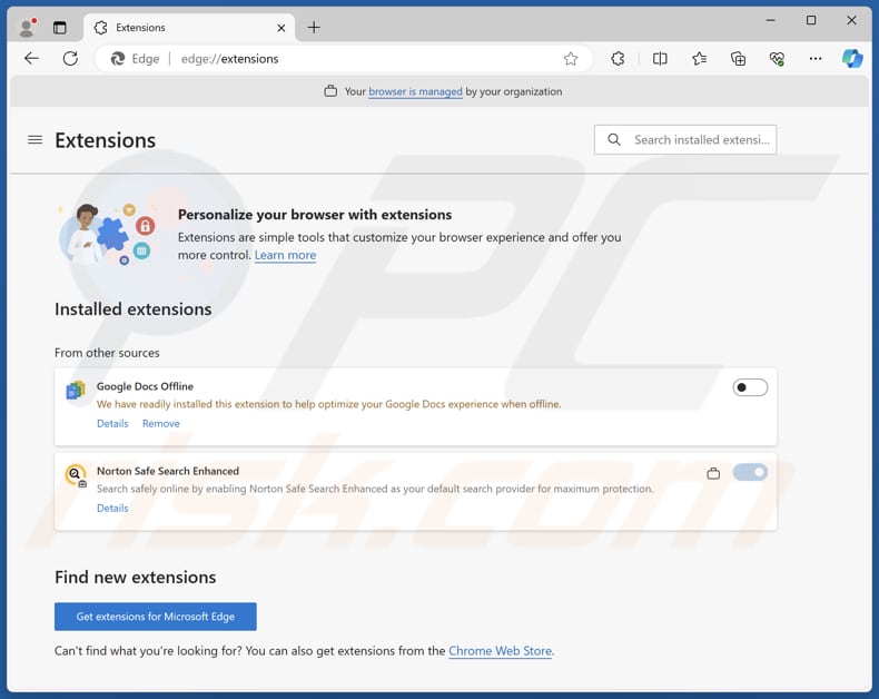 Gefälschte Erweiterung Norton Safe Search Enhanced im Edge-Browser