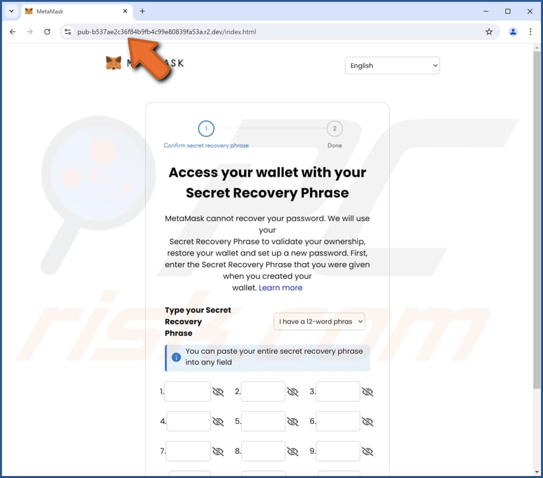 MetaMask Log-In Attempt E-Mail Betrug Phishing-Seite