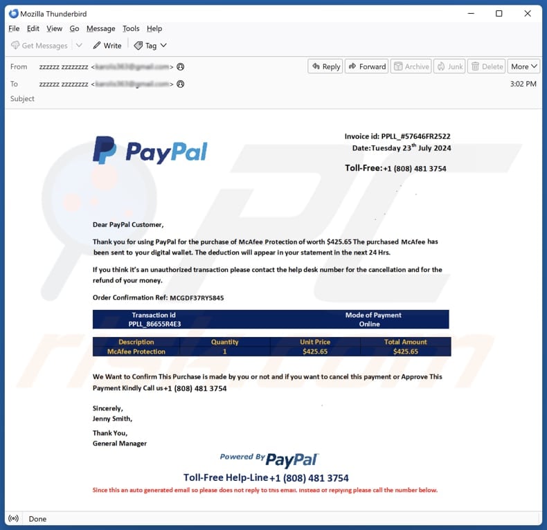 PayPal Order Confirmation E-Mail Spam Kampagne