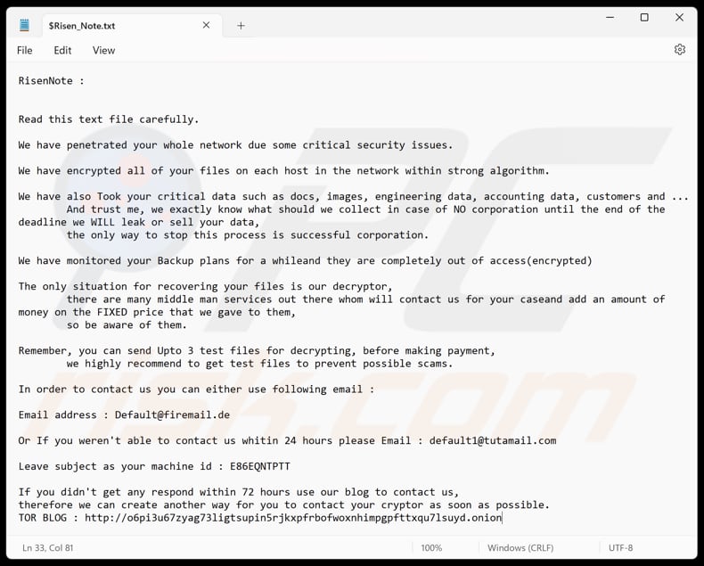 Risen ransomware Textdatei ($Risen_Note.txt)