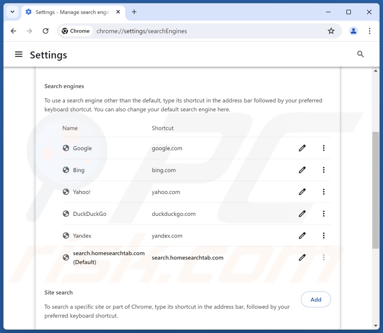 Entfernen von search.homesearchtab.com aus der Standardsuchmaschine von Google Chrome