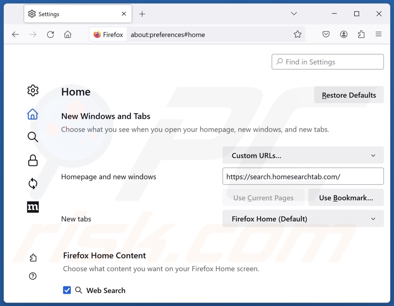 Entfernen von search.homesearchtab.com von der Startseite von Mozilla Firefox