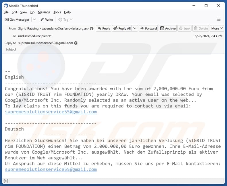 Sigrid Trust Rim Foundation E-Mail Spam Kampagne