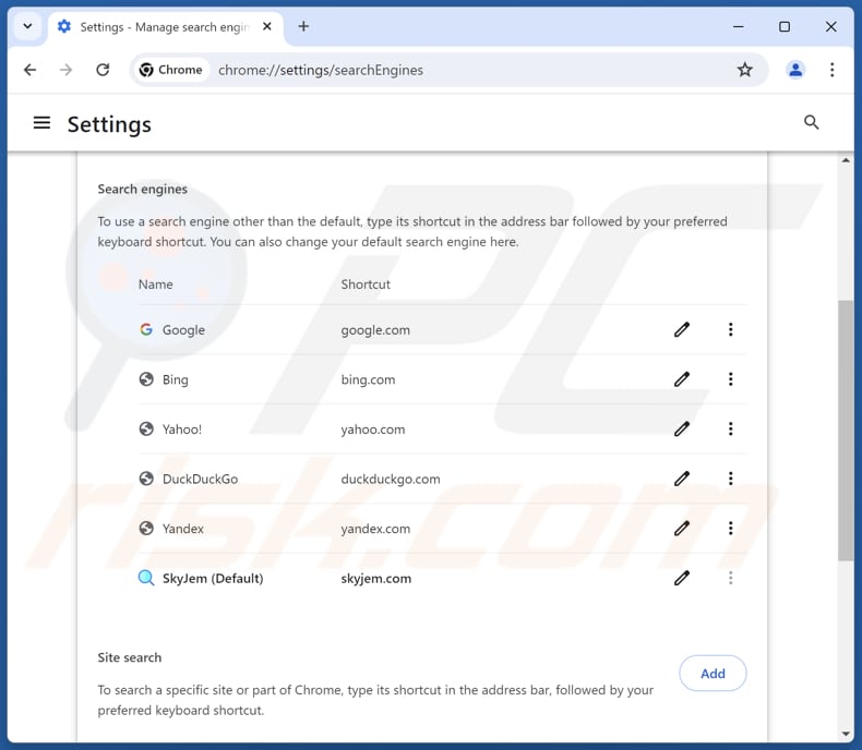 Entfernen von skyjem.com aus der Standardsuchmaschine von Google Chrome