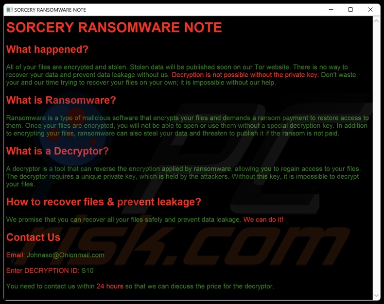 Sorcery ransomware Lösegeldforderung (README.hta)