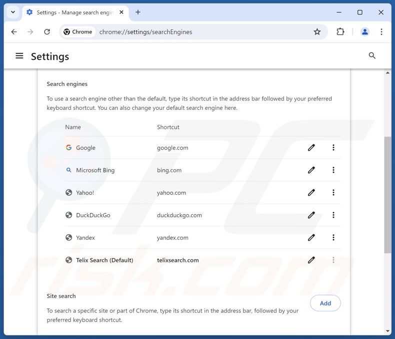 Entfernen von telixsearch.com aus der Standardsuchmaschine von Google Chrome